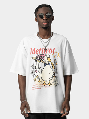 Moda euramericana Patito Impresión de algodón camiseta de talla grande Manga corta estilo callejero masculino