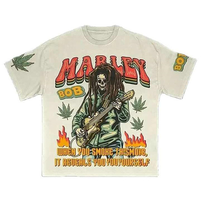 Cabeza de cráneo personalizada Impresión de logotipo ropa de calle de época de primera clase 100% de algodón de calidad sencilla pesada camiseta de gran tamaño